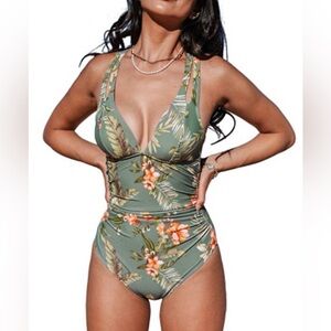Cupshe Deep V Neck Tummy Control One Piece Swimsuit Cutout Strap Size Medium NWT